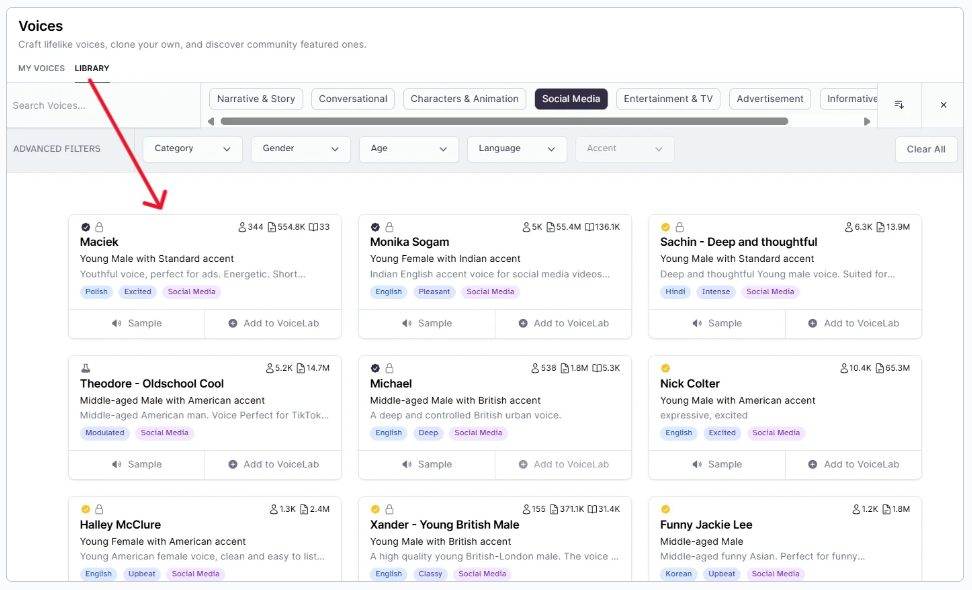 AI Voice Library of ElevenLabs