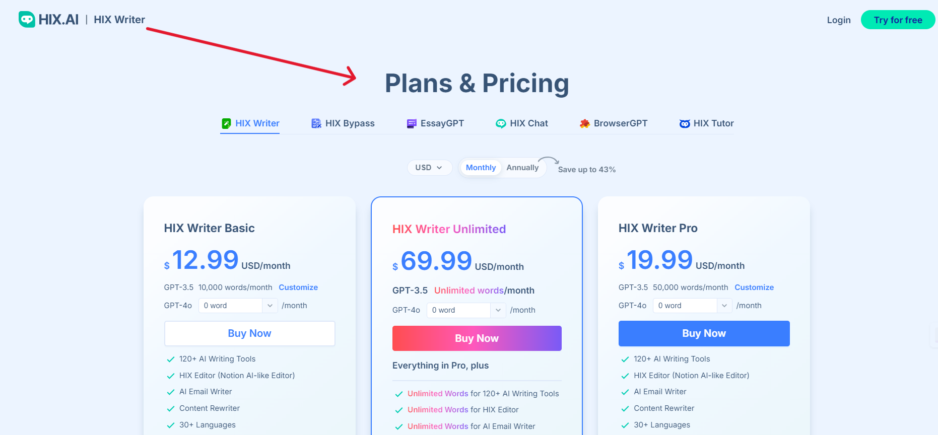 HIX AI has different pricing plans