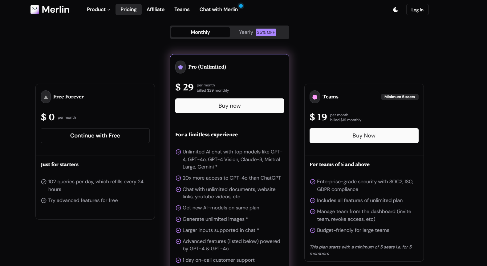 Merlin AI has different pricing options